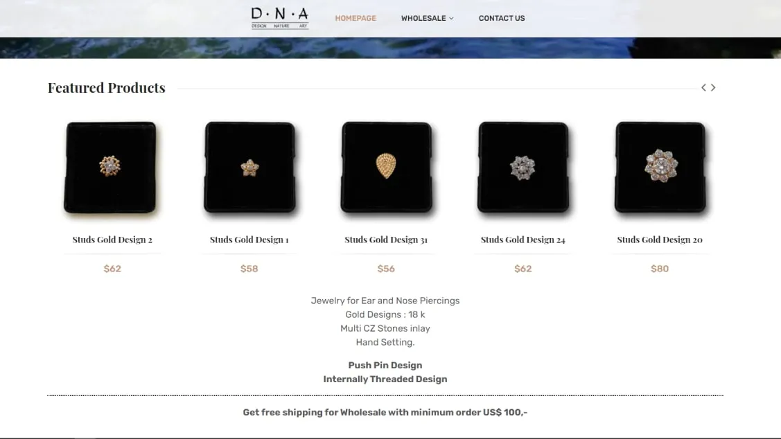 Tampilan website DNA Jewelry Store